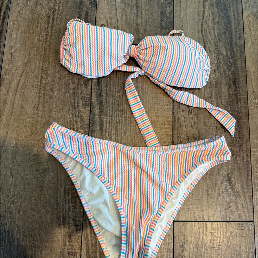 Kittenish Striped Bandeau Bikini